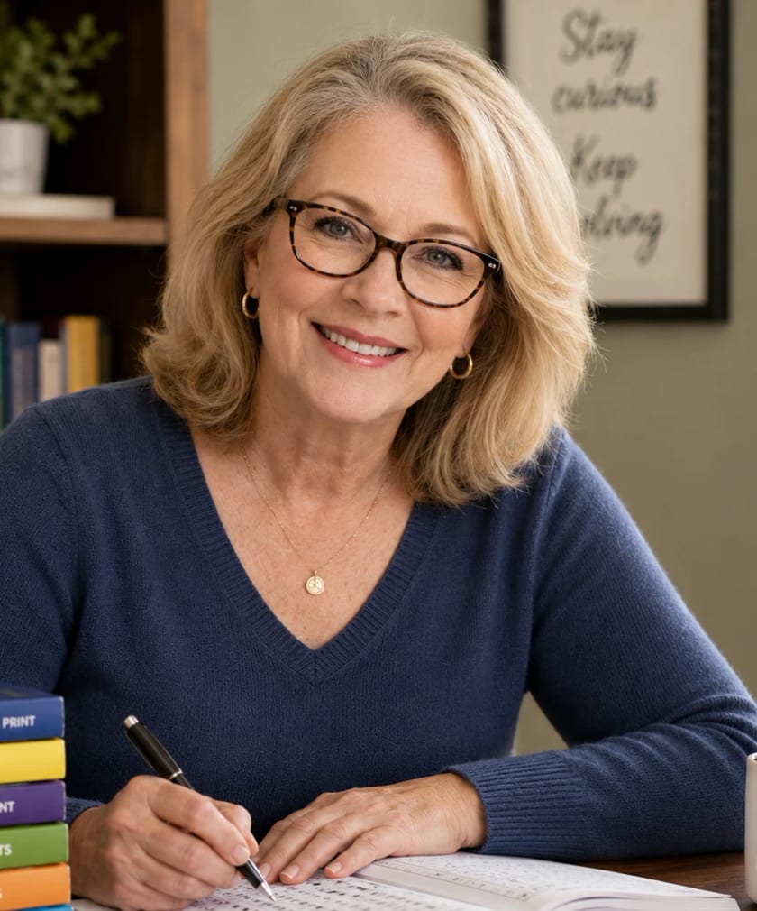 Margaret Holloway at her desk, pen in hand, with a puzzle book open in front of her